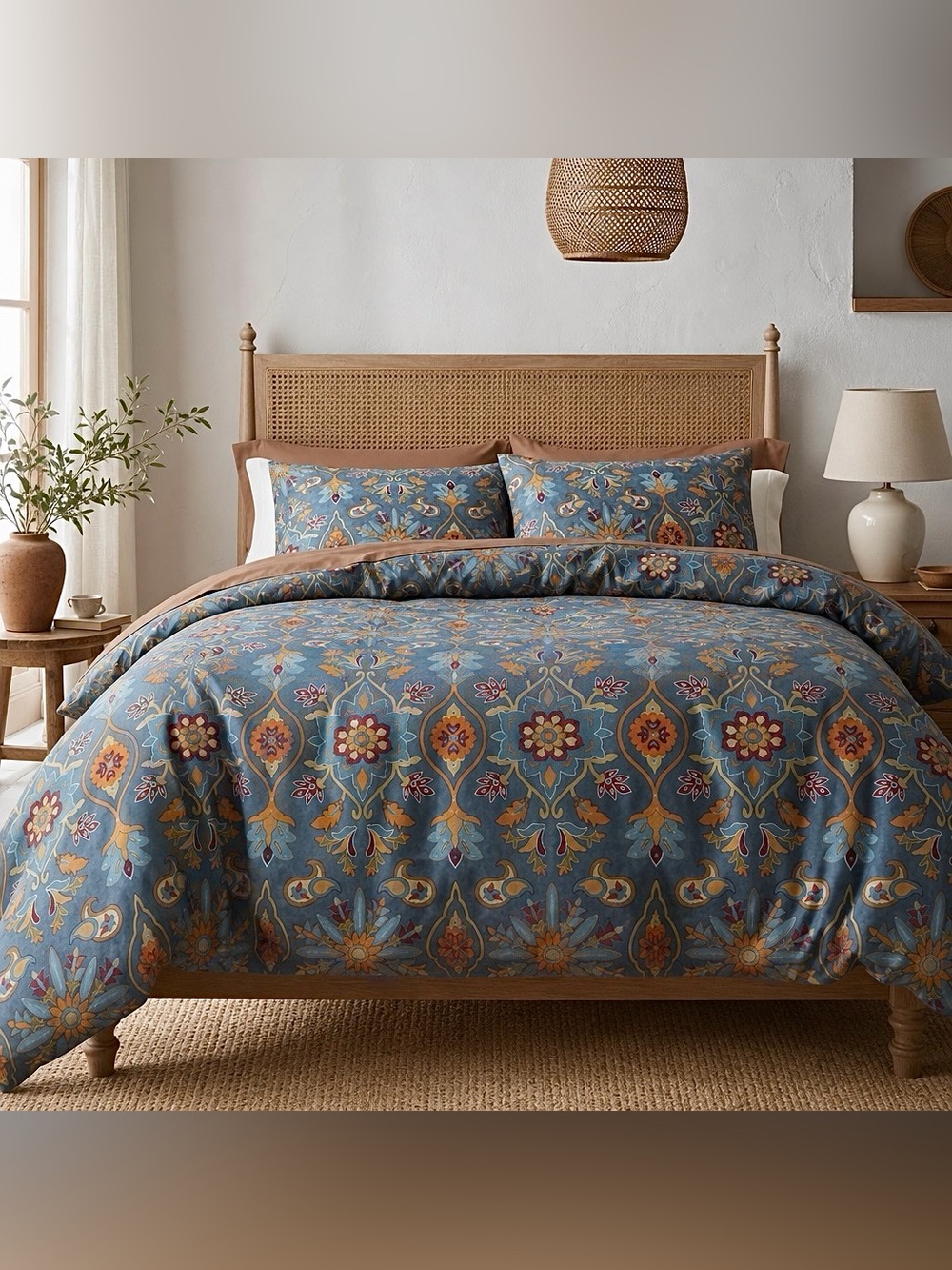 NEW Anthropologie Blue Damask Queen King Egyptian Cotton Bedding Duvet Sham Set - Picture 2 of 15